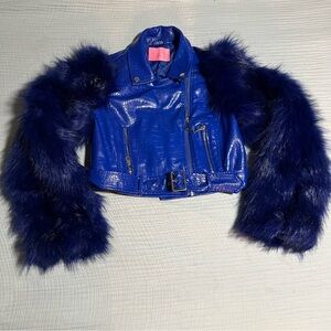 Azalea Wang Faux Leather Faux Fur Vegan Moto Jacket Women Large Nolla Blue